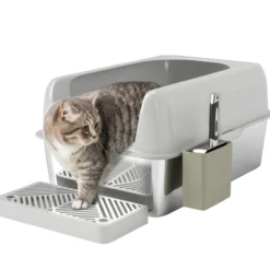 Katzentoilette mit Deckel, Katzenklo mit Schaufel, Wanne aus Edelstahl Hellgrau