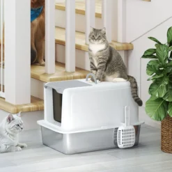 Katzentoilette, Wanne aus Edelstahl, Filter, Schaufel, für Katzen bis 6 kg, Weiß