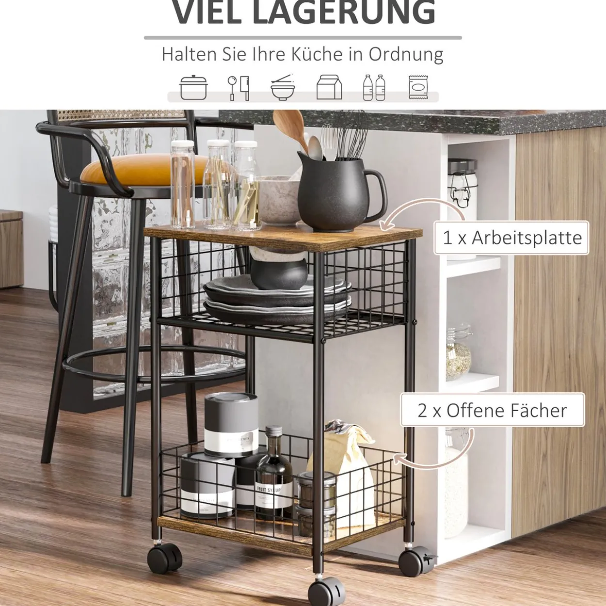 Küchenwagen Spanplatte Rustikal-Braun 40 x 30 x 62 cm