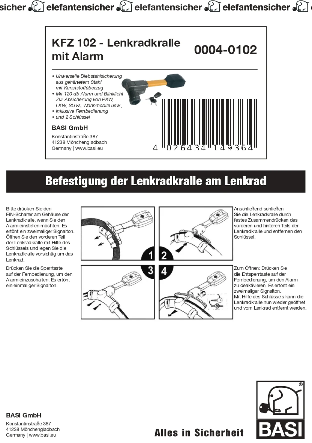 KFZ 102 - Lenkradkralle mit Alarm