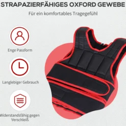 20 kg Trainingsweste Gewichtsweste mit doppelten Gurten Oxford Metall Schwarz+Rot 40 x 59 cm