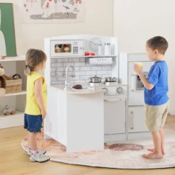 Kinder Eckküchen-Set, L-förmige Kinderküche aus Holz mit Spüle, Herd, Dunstabzugshaube
