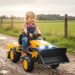 Kinder Elektro Bagger mit Anhänger, Schaufel 12V Aufsitzbagger mit Fernbedienung