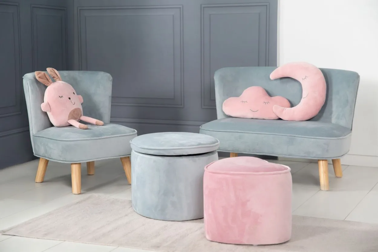 Kinderhocker mit Aufbewahrungsfunktion „Lil Sofa“, oval, bequem, mit Samtstoff, Sky/Hellblau
