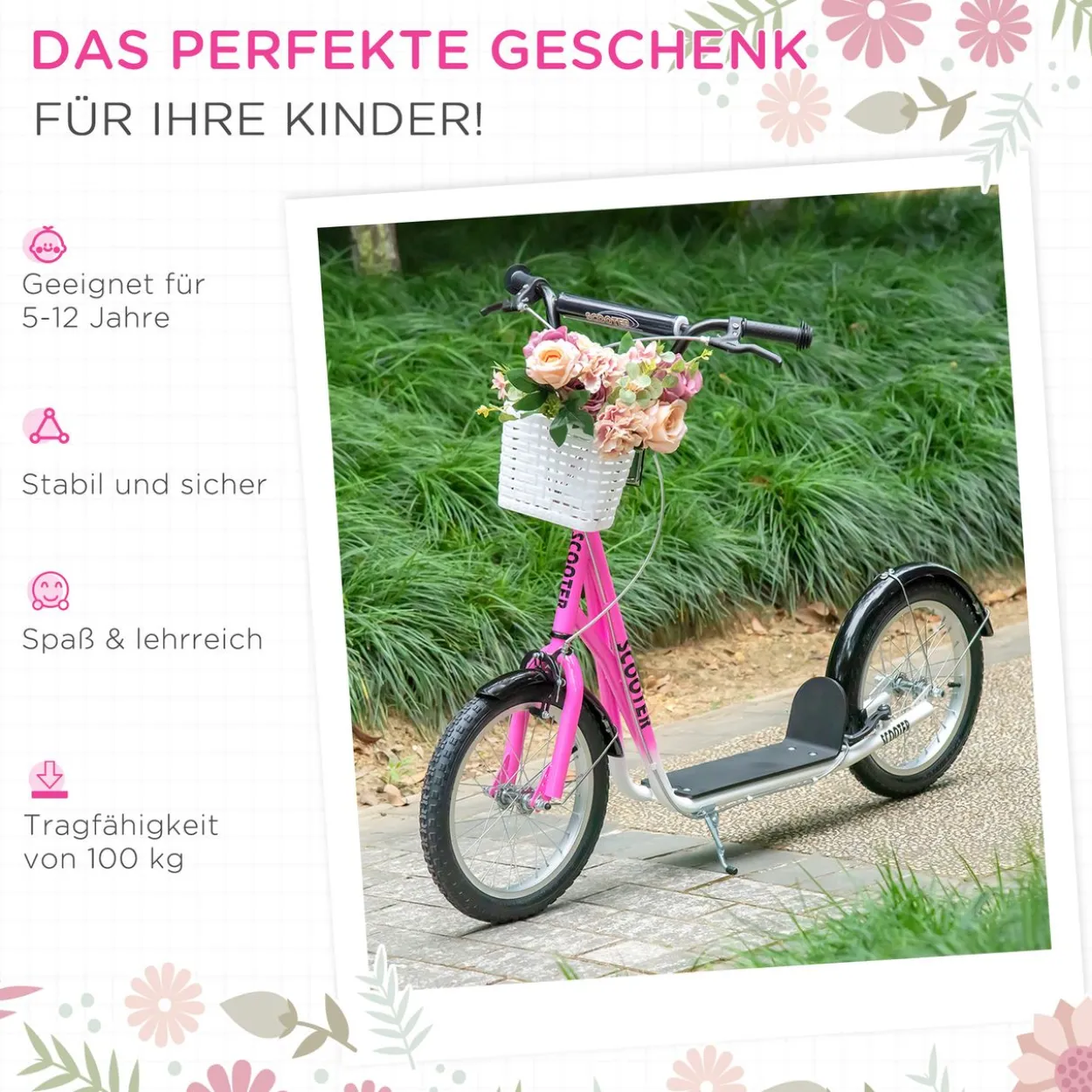 Kinderroller mit Bremse Rosa+Weiß