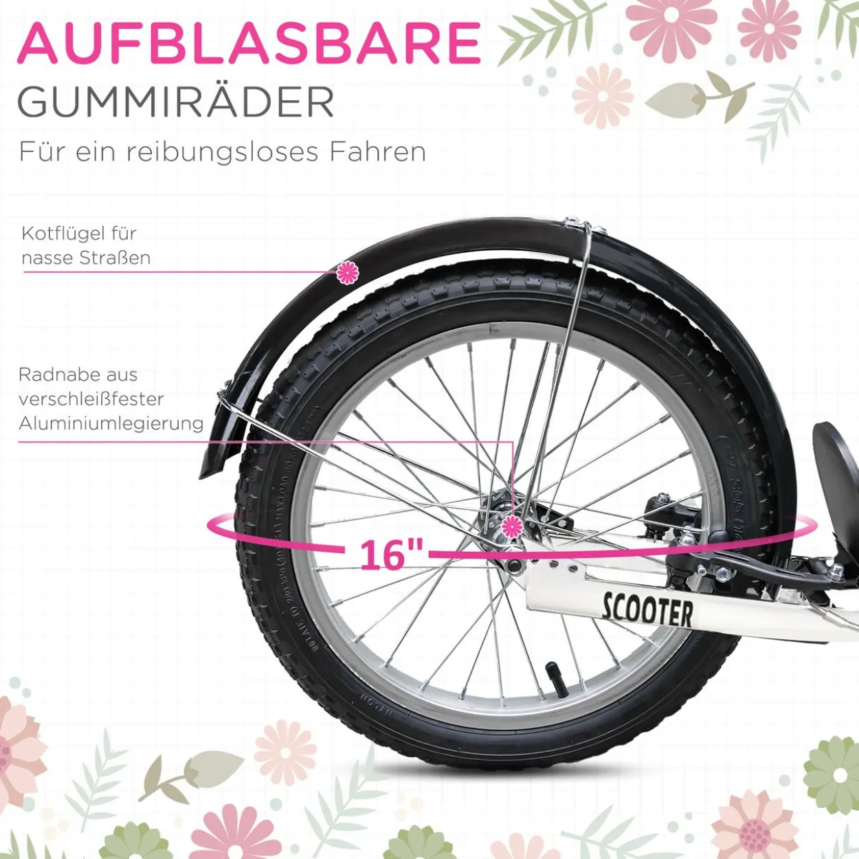 Kinderroller mit Bremse Rosa+Weiß