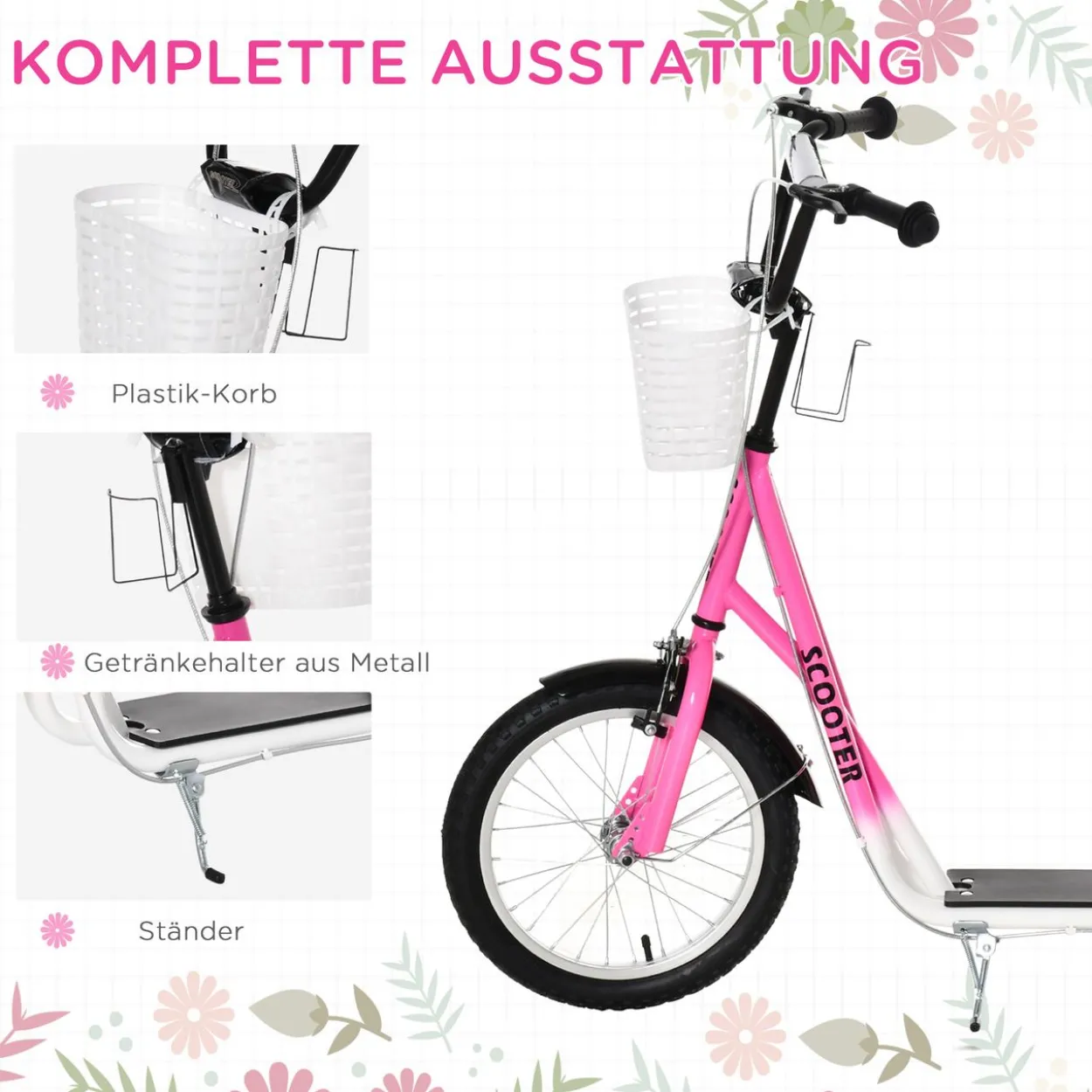 Kinderroller mit Bremse Rosa+Weiß