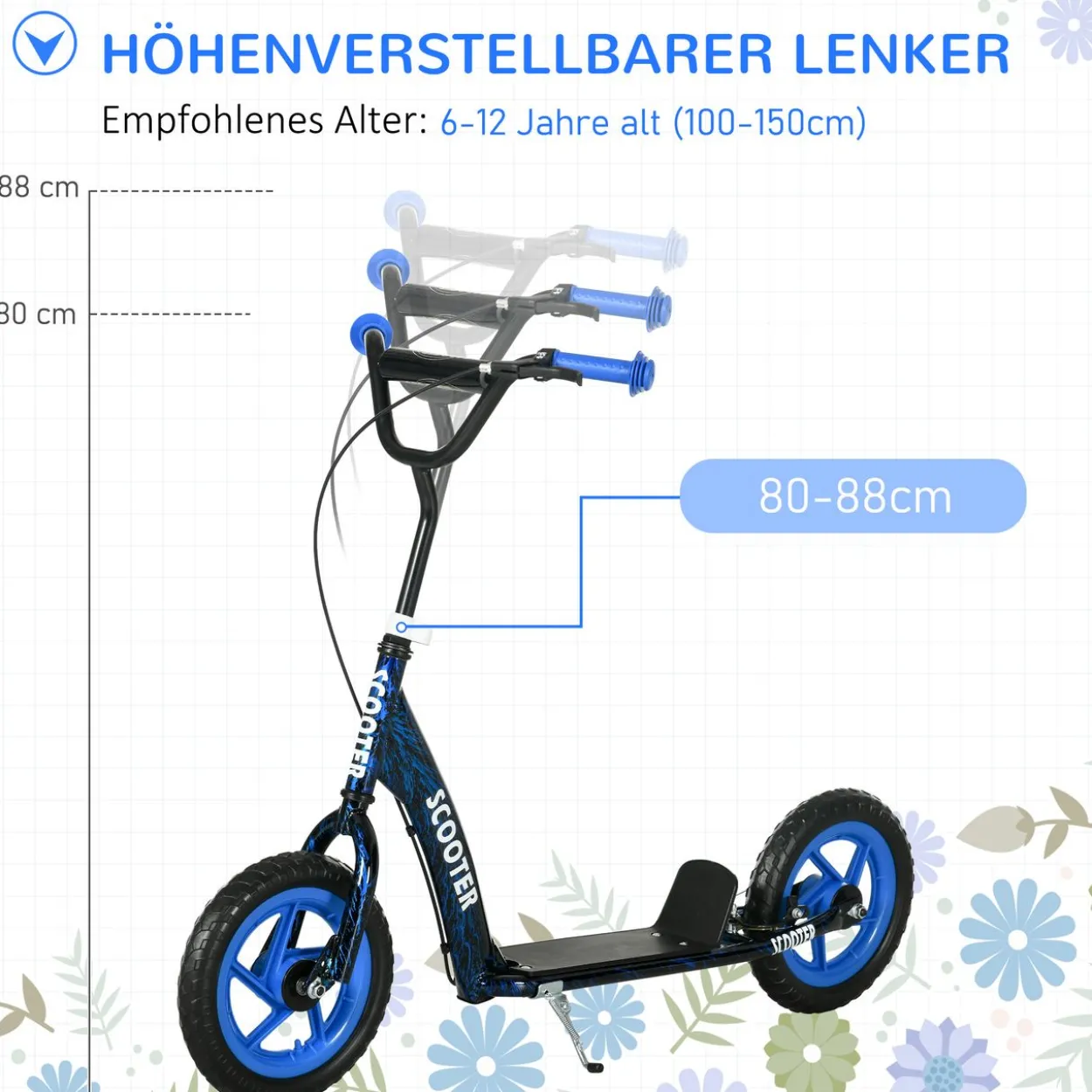 Kinderroller Scooter Tretroller mit verstellbarem Lenker, großen Rädern