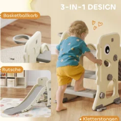 Kinderrutsche 3 in 1 klappbar Kleinkinderrutsche mit Basketballkorb, Schnallen