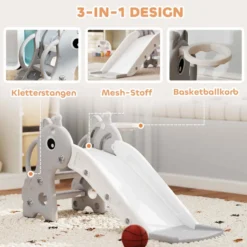 Kinderrutsche, 3 in 1, Kleinkinderrutsche mit Basketballkorb, Basketball, Grau
