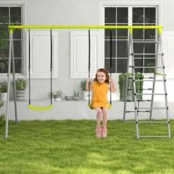 Kinderschaukel-Set, Kletternetz, Sprossenleiter, für 3-8 Jahre, Grün