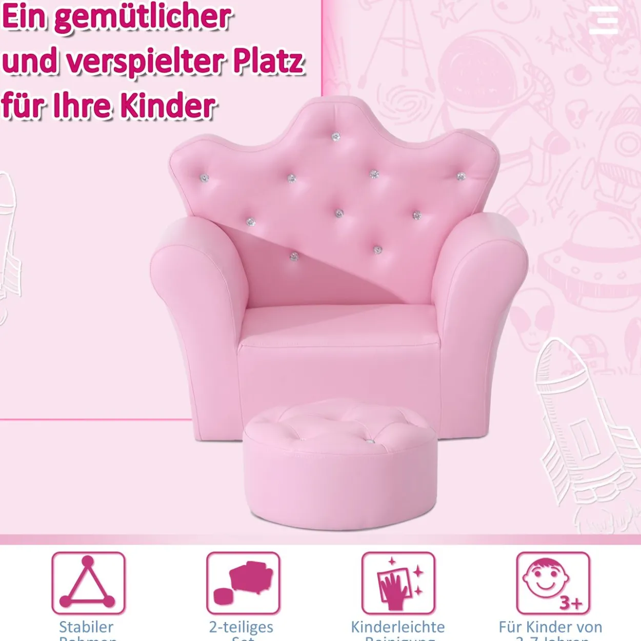 Kindersofa mit Ottomane Kindercouch in Kronenform Kindersessel Rosa