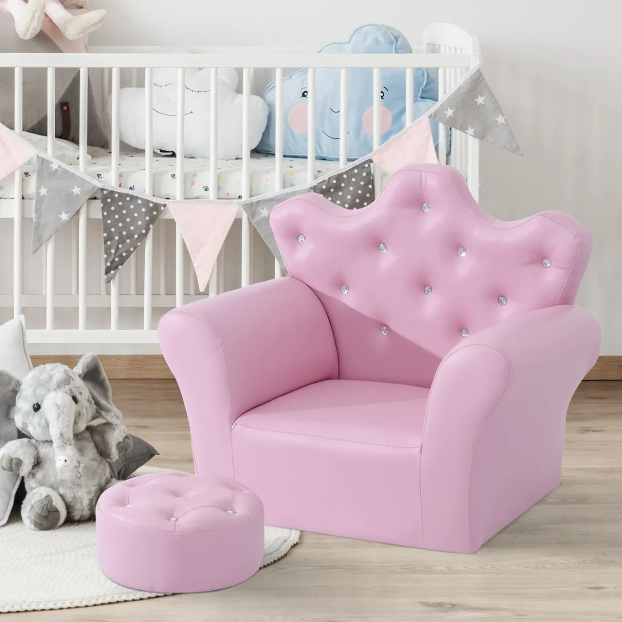 Kindersofa mit Ottomane Kindercouch in Kronenform Kindersessel Rosa
