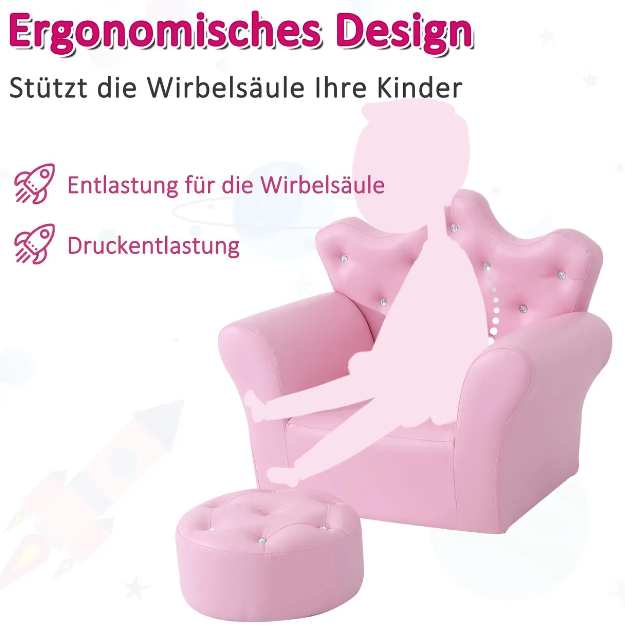 Kindersofa mit Ottomane Kindercouch in Kronenform Kindersessel Rosa