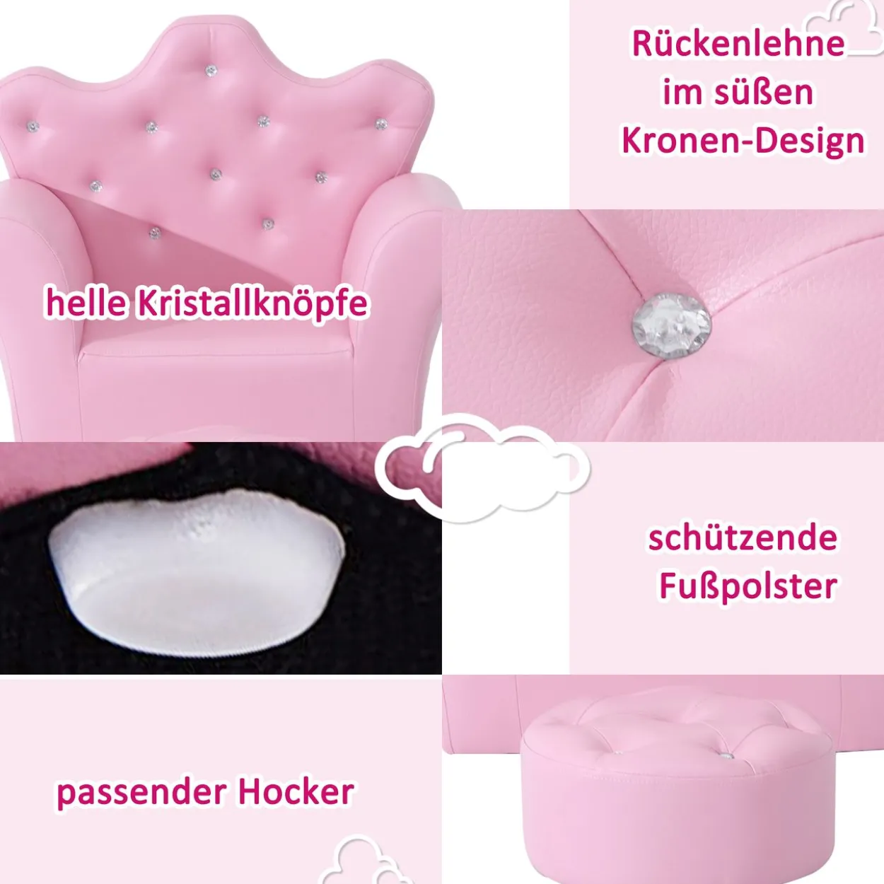 Kindersofa mit Ottomane Kindercouch in Kronenform Kindersessel Rosa