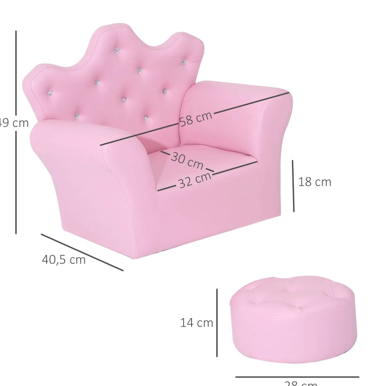 Kindersofa mit Ottomane Kindercouch in Kronenform Kindersessel Rosa