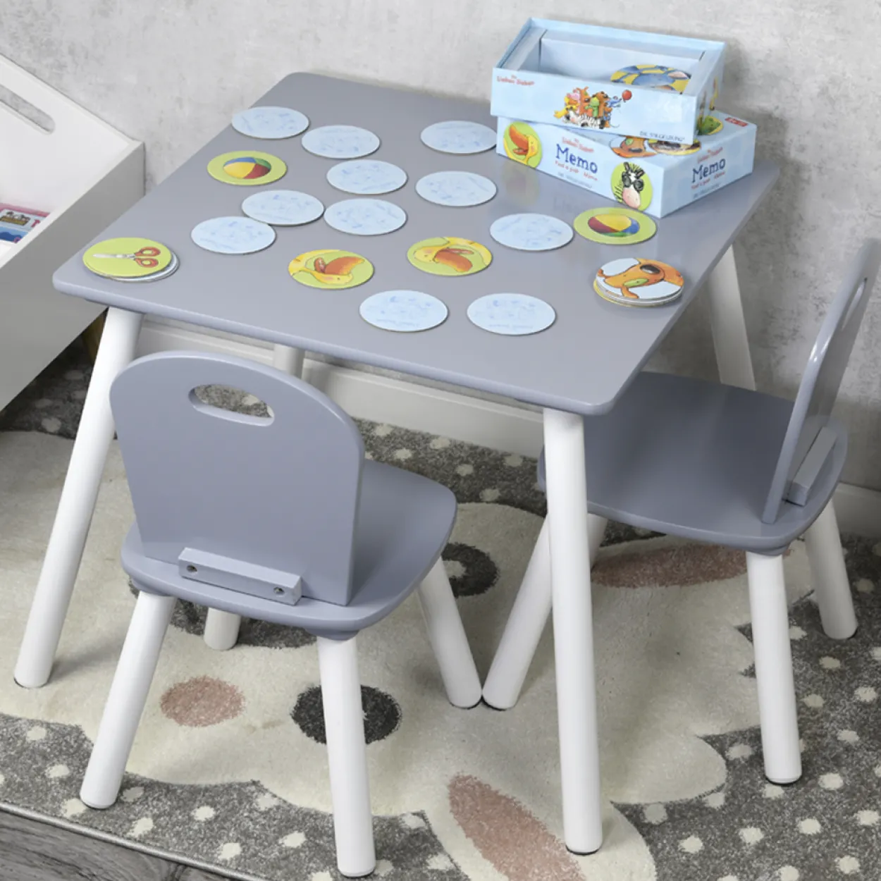 Kindertisch mit 2 Stühlen, grau - 3er Set