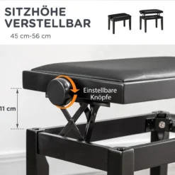 Klavierhocker Höhenverstellbar mit Lederkissen Kunstleder Gummiholz Schwarz 63x33x45-56cm