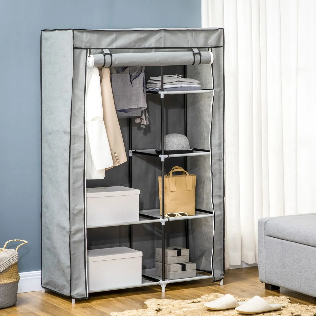Kleiderschrank Stoffschrank mit 2 Kleiderstangen, 6 Fächern, Grau