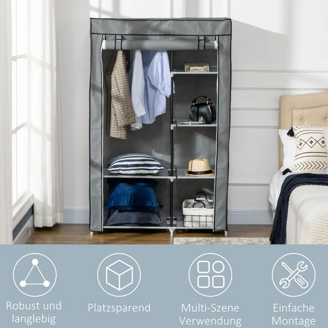 Kleiderschrank Stoffschrank mit 2 Kleiderstangen, 6 Fächern, Grau