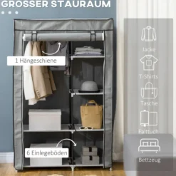 Kleiderschrank Stoffschrank mit 2 Kleiderstangen, 6 Fächern, Grau