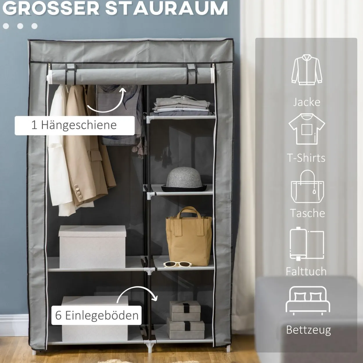 Kleiderschrank Stoffschrank mit 2 Kleiderstangen, 6 Fächern, Grau