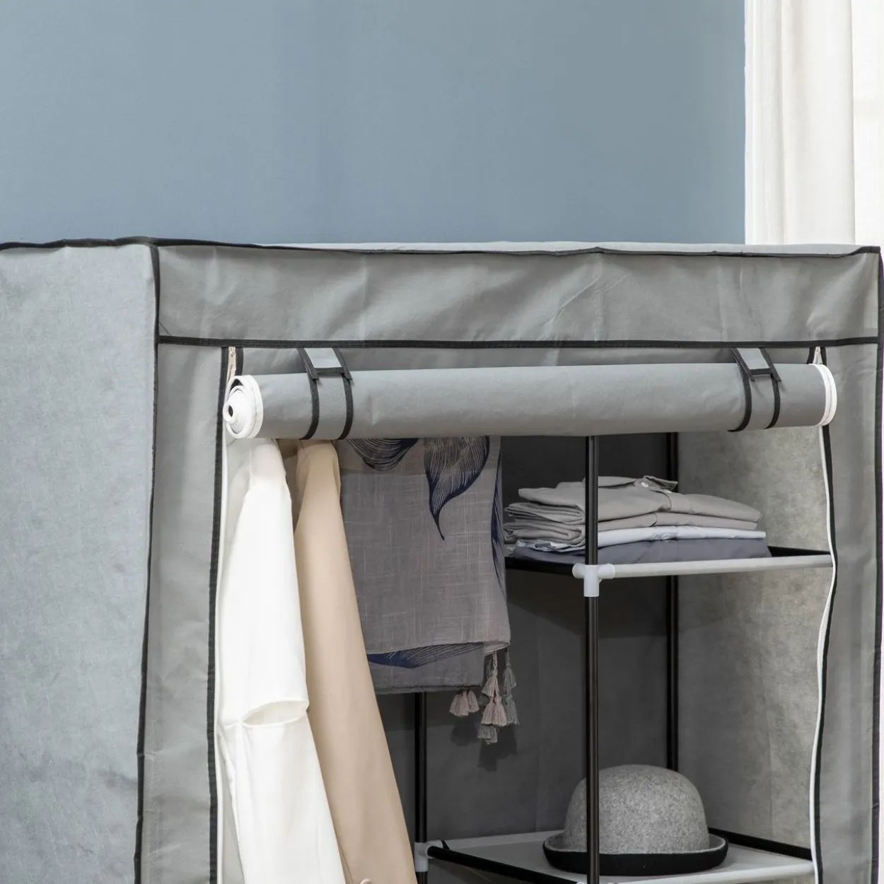 Kleiderschrank Stoffschrank mit 2 Kleiderstangen, 6 Fächern, Grau
