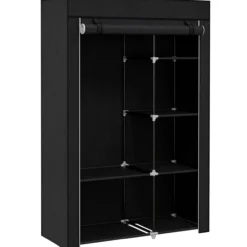 Kleiderschrank Stoffschrank mit 2 Kleiderstangen, 6 Fächern, Schwarz