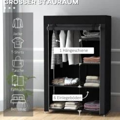 Kleiderschrank Stoffschrank mit 2 Kleiderstangen, 6 Fächern, Schwarz