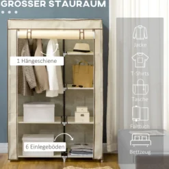 Kleiderschrank Stoffschrank mit 2 Kleiderstangen, 6 Fächern, Creme