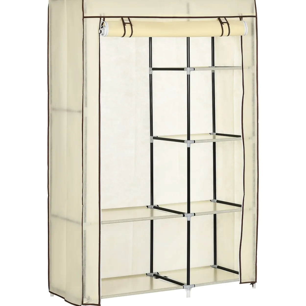 Kleiderschrank Stoffschrank mit 2 Kleiderstangen, 6 Fächern, Creme