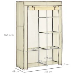 Kleiderschrank Stoffschrank mit 2 Kleiderstangen, 6 Fächern, Creme