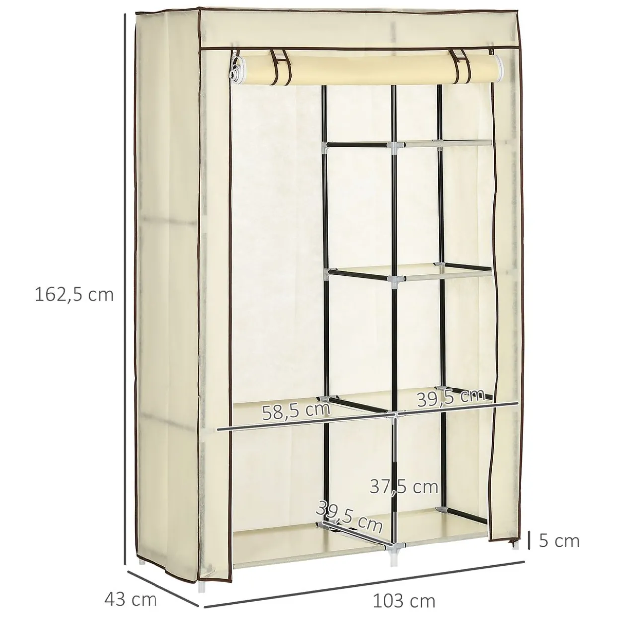 Kleiderschrank Stoffschrank mit 2 Kleiderstangen, 6 Fächern, Creme