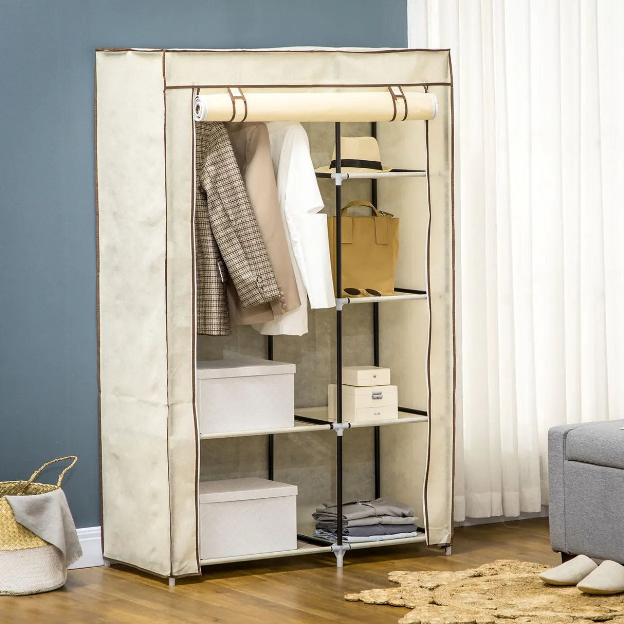 Kleiderschrank Stoffschrank mit 2 Kleiderstangen, 6 Fächern, Creme