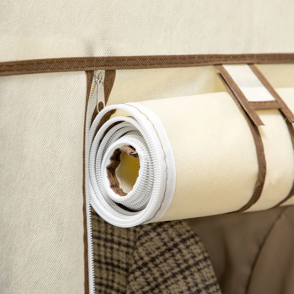 Kleiderschrank Stoffschrank mit 2 Kleiderstangen, 6 Fächern, Creme
