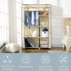 Kleiderschrank Stoffschrank mit 2 Kleiderstangen, 6 Fächern, Creme