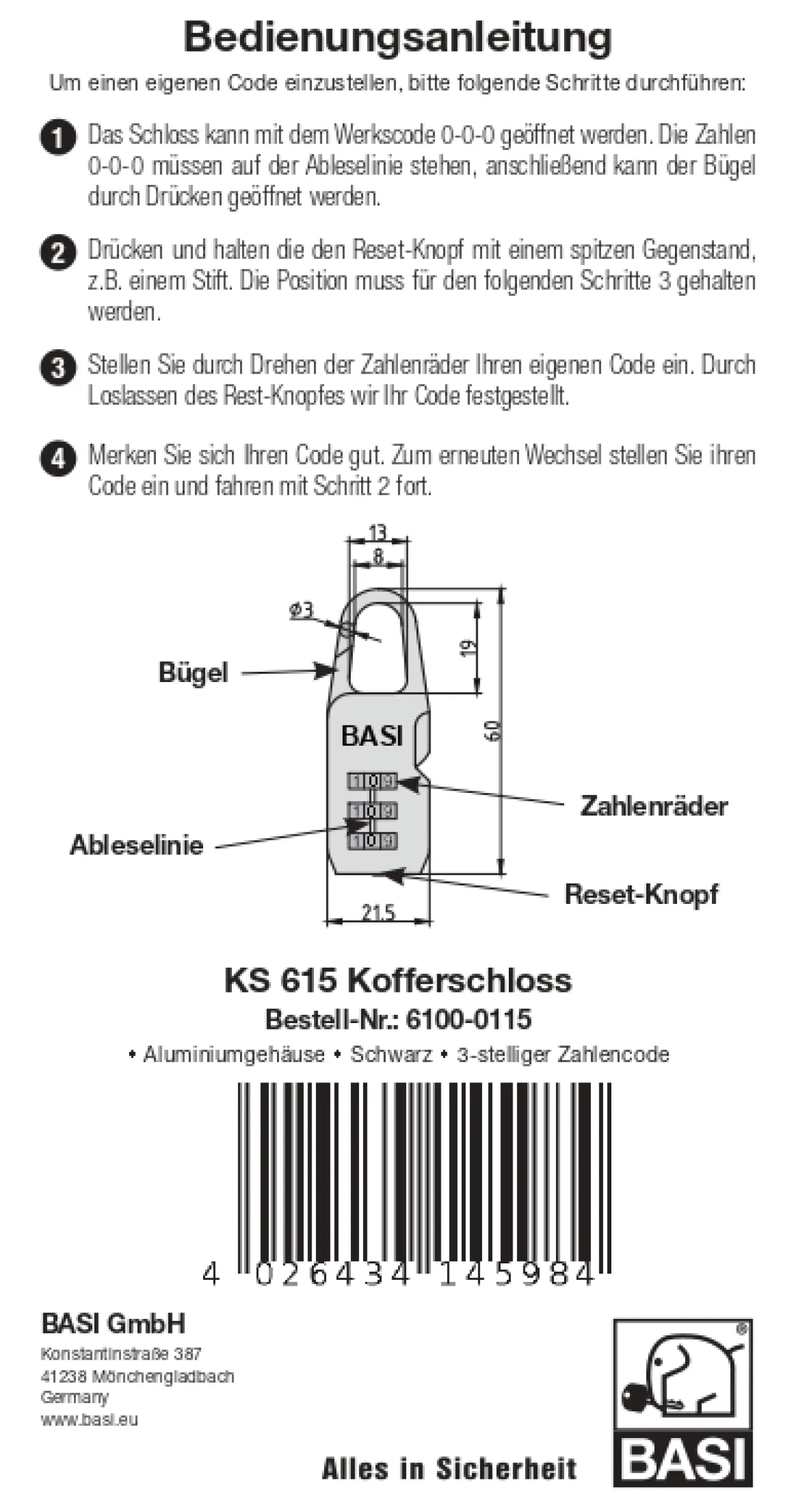 Kofferschloss - KS 615 - Alu schwarz