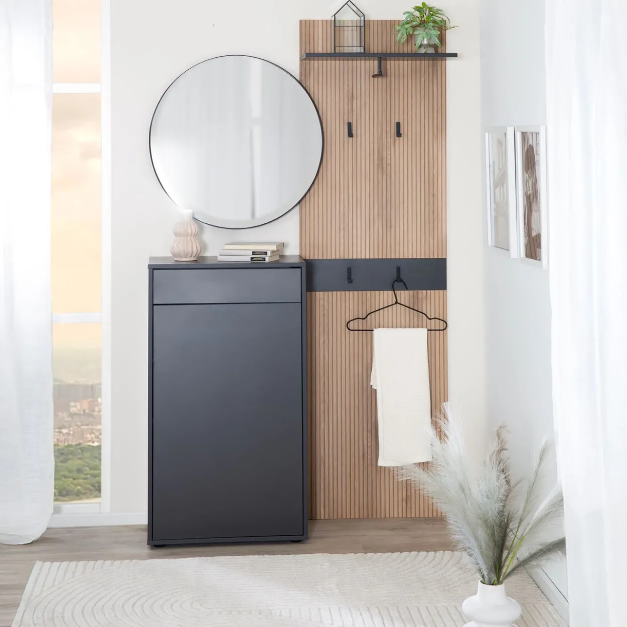 Kompaktgarderobe "Salon" mit Stauraum, Basalt Grau mit Artisan Eiche