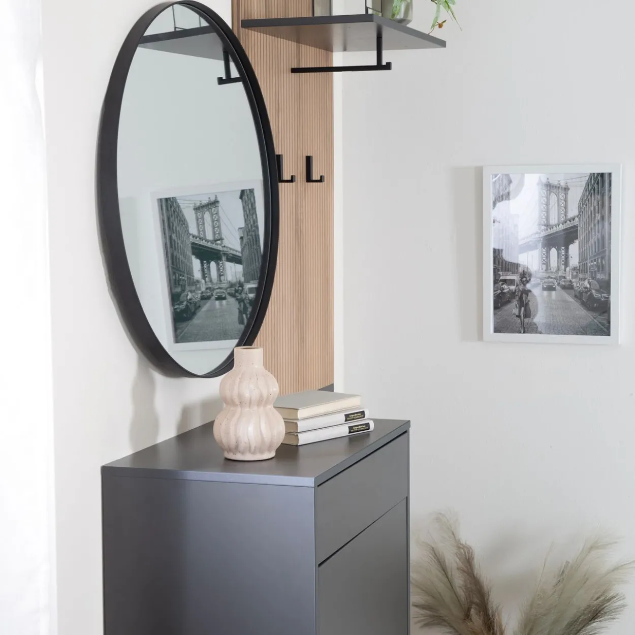 Kompaktgarderobe "Salon" mit Stauraum, Basalt Grau mit Artisan Eiche