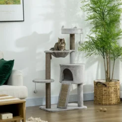 Kratzbaum 113 cm Katzenbaum mit Katzenhöhle Katzenkratzbaum Hellgrau