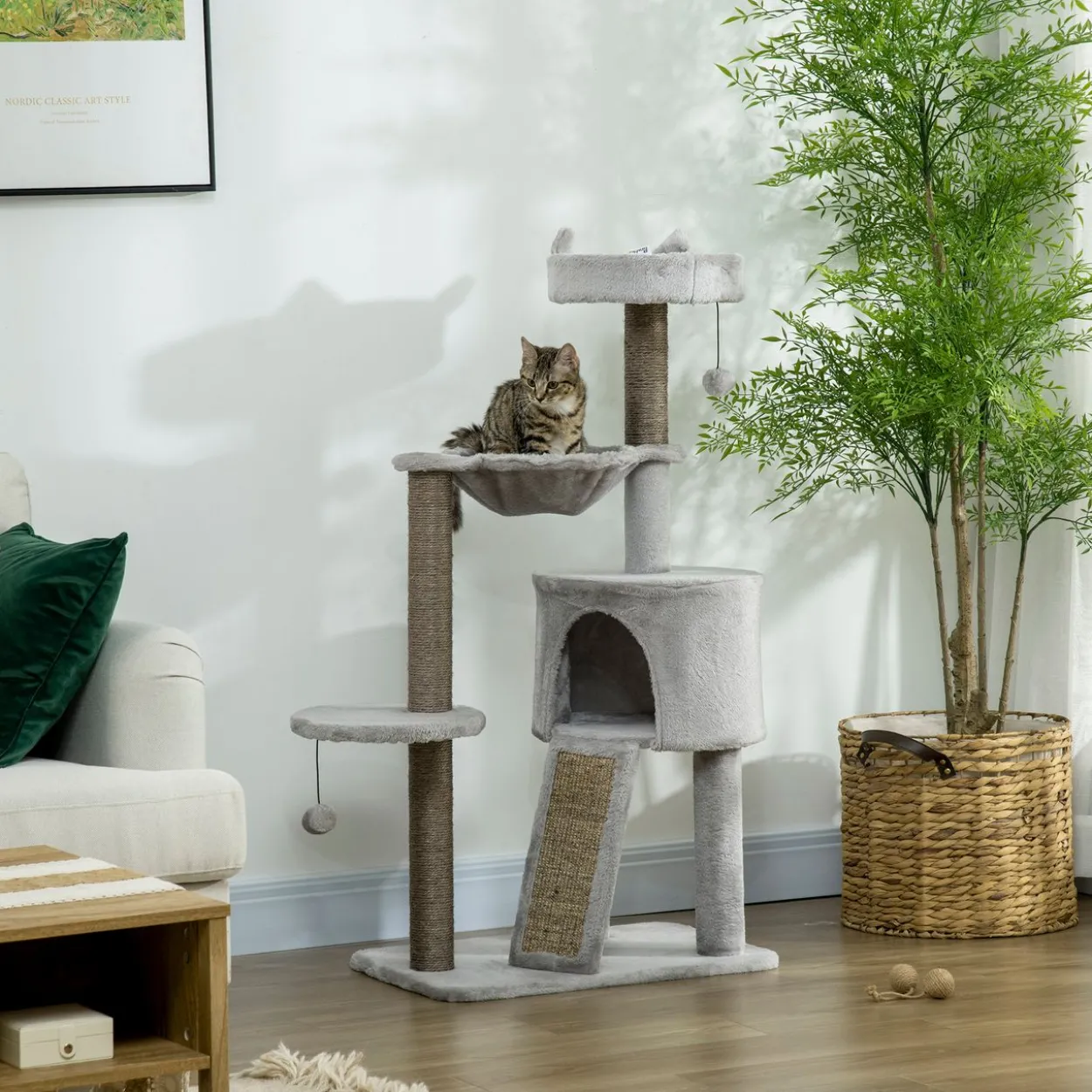 Kratzbaum 113 cm Katzenbaum mit Katzenhöhle Katzenkratzbaum Hellgrau