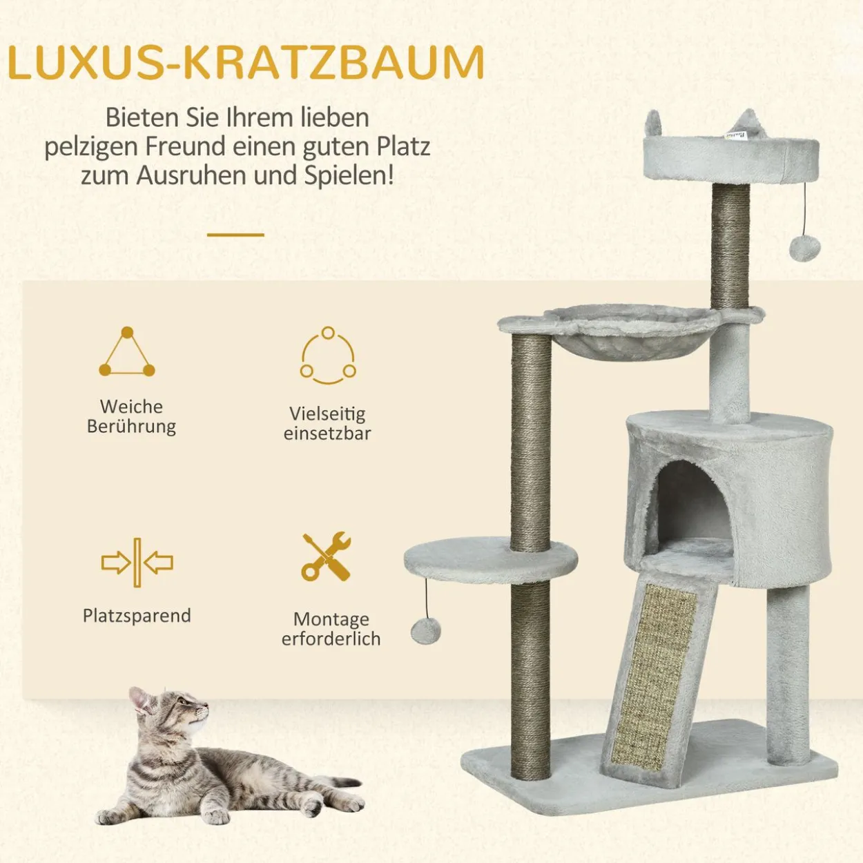 Kratzbaum 113 cm Katzenbaum mit Katzenhöhle Katzenkratzbaum Hellgrau