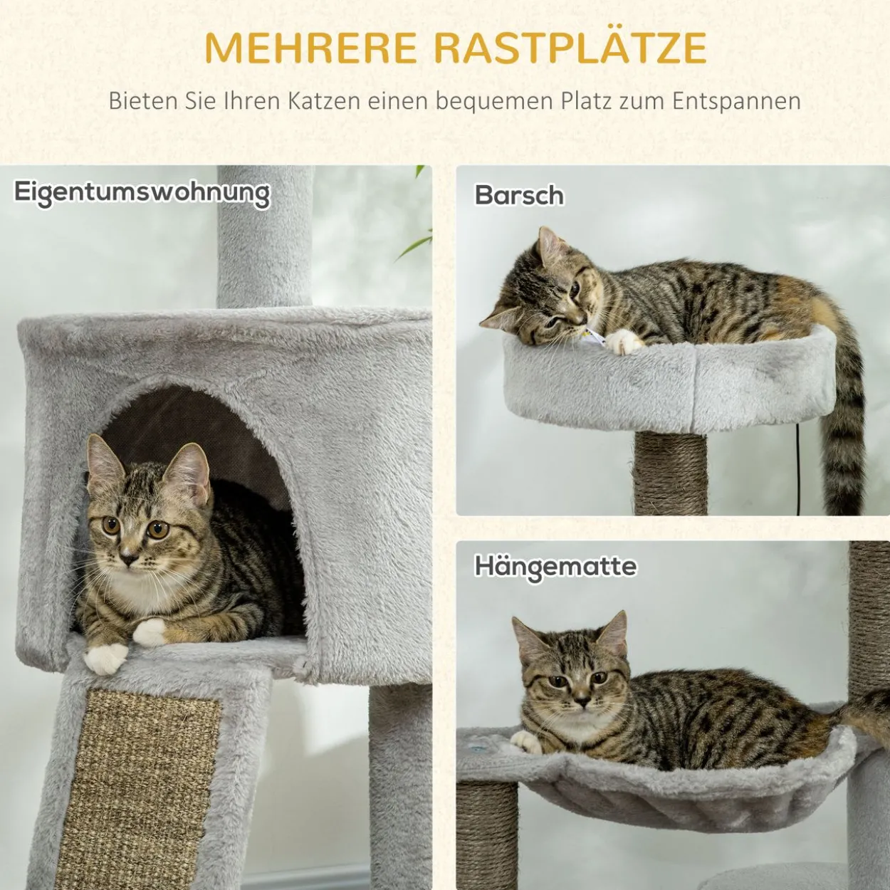 Kratzbaum 113 cm Katzenbaum mit Katzenhöhle Katzenkratzbaum Hellgrau