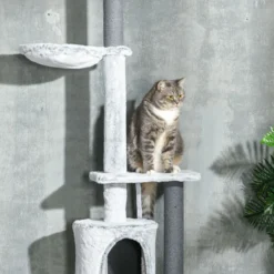 Kratzbaum Deckenhoch, 225-255 cm Katzenbaum mit Katzenhöhle, Korb, Grau