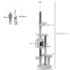 Kratzbaum Deckenhoch, 225-255 cm Katzenbaum mit Katzenhöhle, Korb, Grau