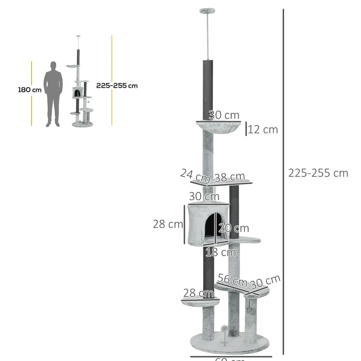 Kratzbaum Deckenhoch, 225-255 cm Katzenbaum mit Katzenhöhle, Korb, Grau