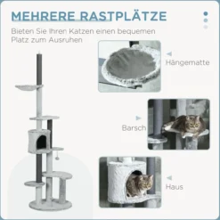 Kratzbaum Deckenhoch, 225-255 cm Katzenbaum mit Katzenhöhle, Korb, Grau