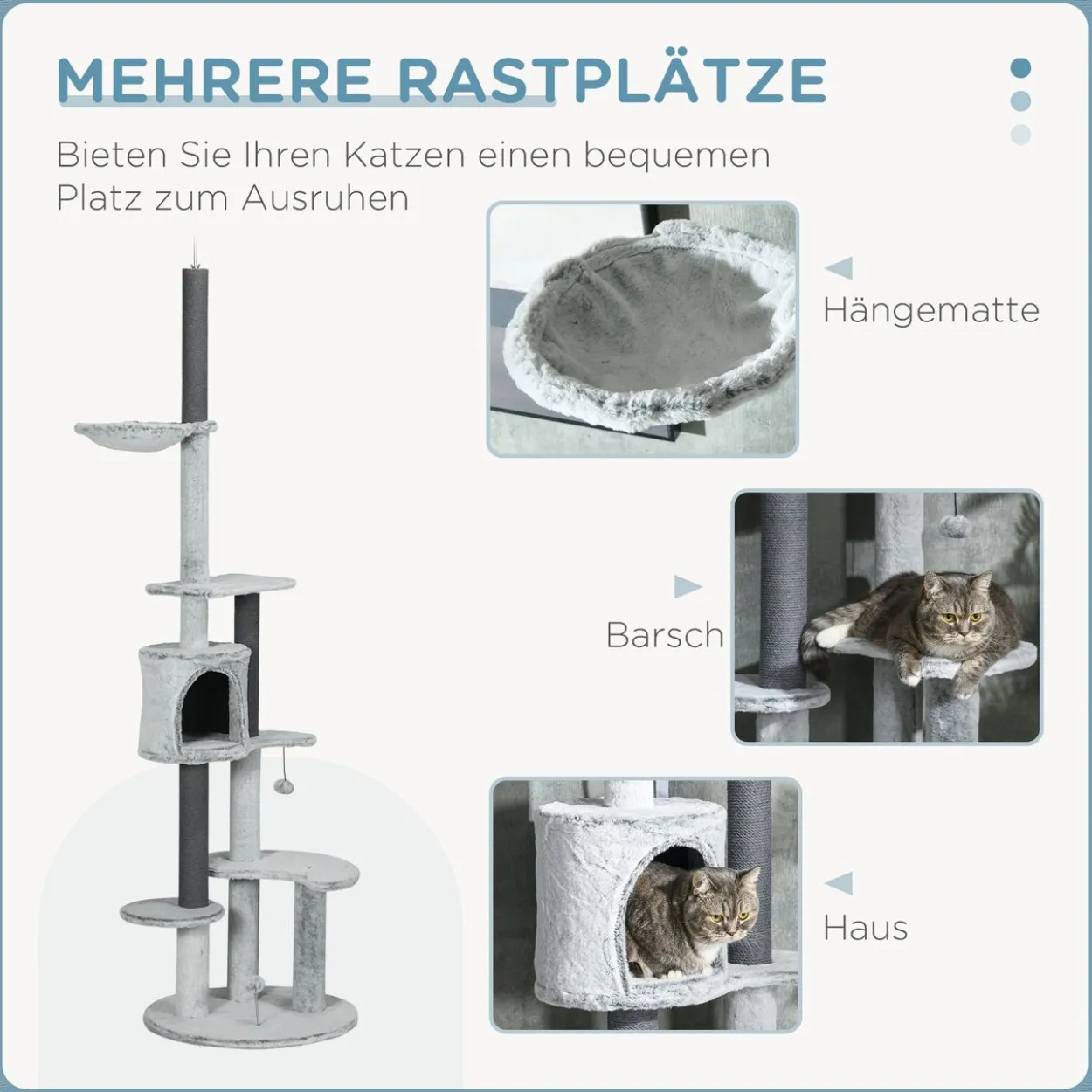 Kratzbaum Deckenhoch, 225-255 cm Katzenbaum mit Katzenhöhle, Korb, Grau