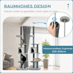 Kratzbaum Deckenhoch, 225-255 cm Katzenbaum mit Katzenhöhle, Korb, Grau