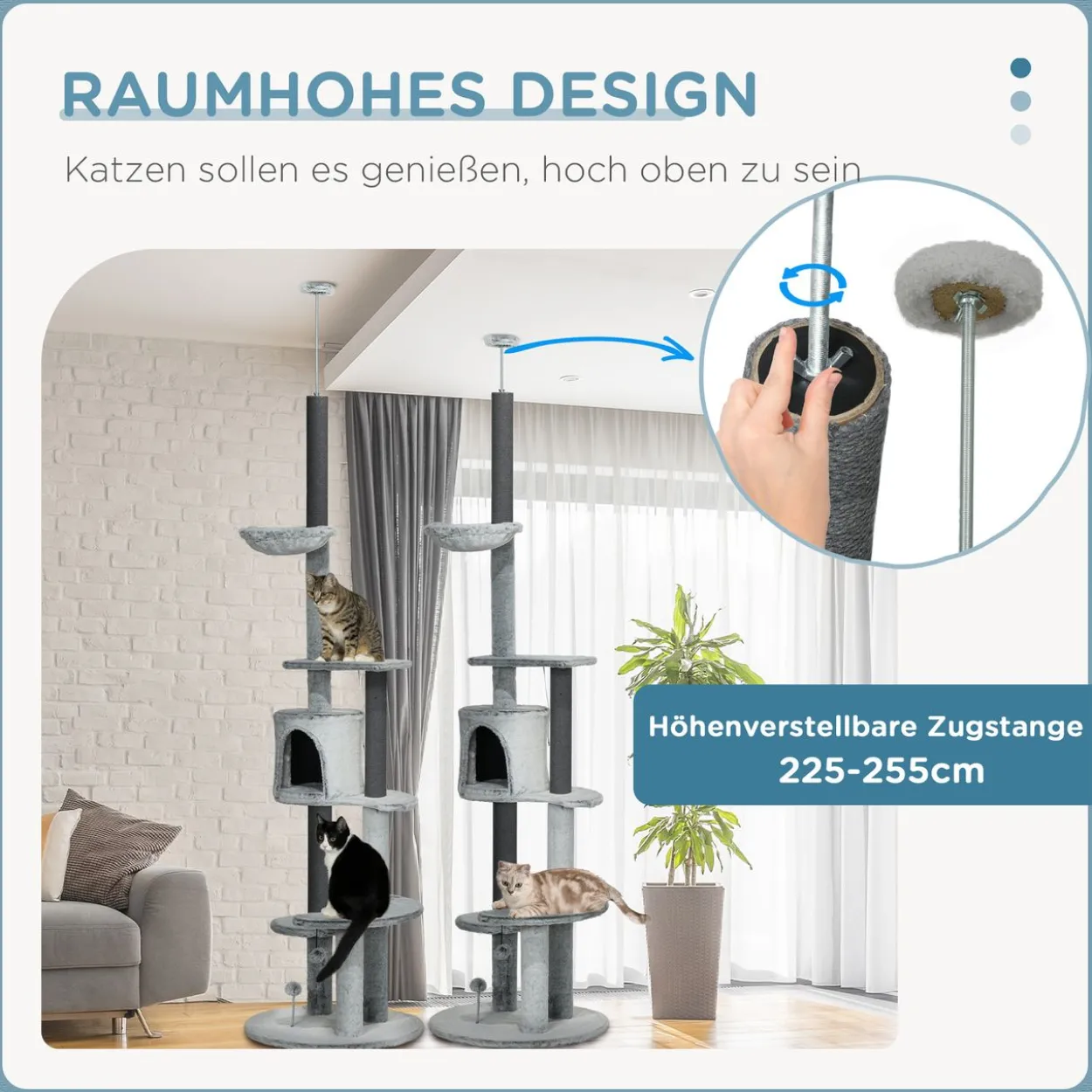 Kratzbaum Deckenhoch, 225-255 cm Katzenbaum mit Katzenhöhle, Korb, Grau